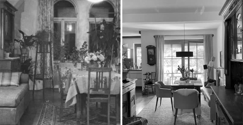 Links: Foto des Speisezimmers von Michaels Urgroßeltern in den späten 1940er Jahren, Rechts: Foto von Michaels Esszimmer heute, eingerichtet mit vintage Möbeln.