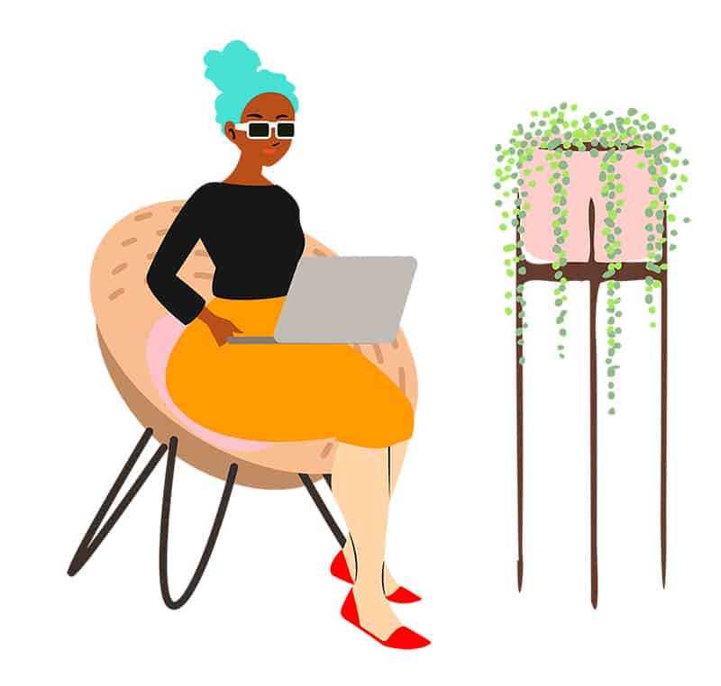 Illustration einer jungen Frau. Sie arbeitet am Laptop. Thema: Was soll ich studieren?