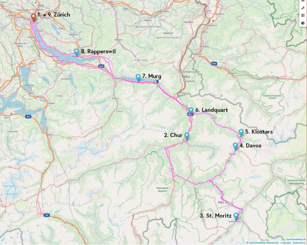 Karte mit Bahnroute durch die Schweiz mit Start in Zürich