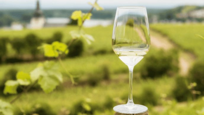 Ein Glas Weißwein mit Weinreben im Hintergrund