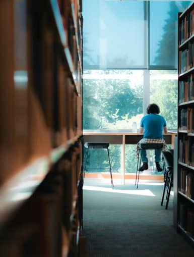Man blickt durch einen Gang von Bücherregalen. Am Ende des Gangs sitzt eine Person vor einem Tisch und liest Bücher. Der Tisch ist vor einer Fensterfront.