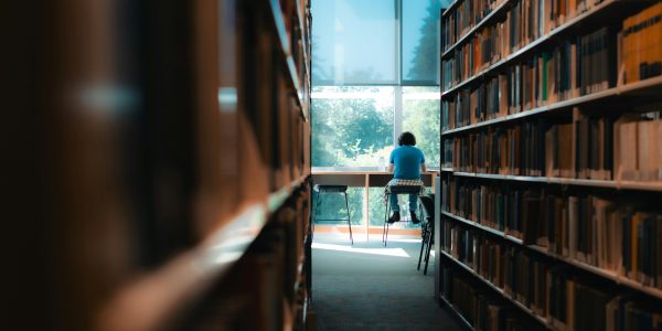 Man blickt durch einen Gang von Bücherregalen. Am Ende des Gangs sitzt eine Person vor einem Tisch und liest Bücher. Der Tisch ist vor einer Fensterfront.