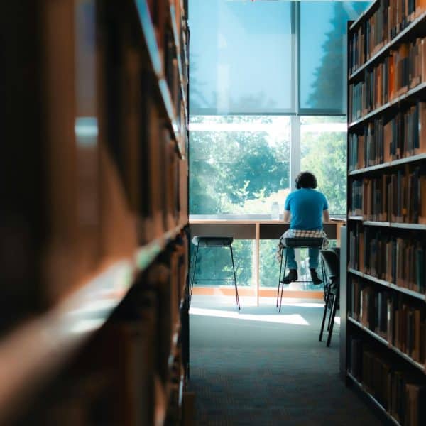 Man blickt durch einen Gang von Bücherregalen. Am Ende des Gangs sitzt eine Person vor einem Tisch und liest Bücher. Der Tisch ist vor einer Fensterfront.