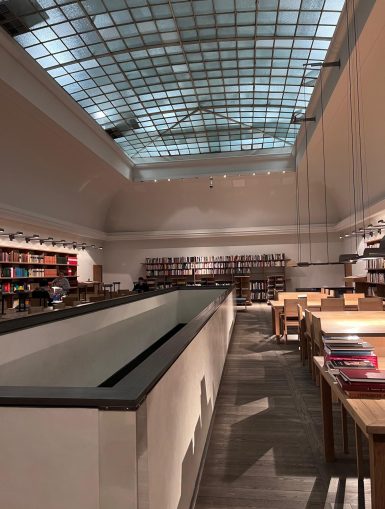 Zu sehen ist eine Bibliothek von innen. An den Wänden sind Bücher in Regalen einsortiert. Die Decke ist aus Glas. In Mitten der Bibliothek ist ein Geländer. Man kann hier in den unteren Stock sehen. (c) Shona Stern