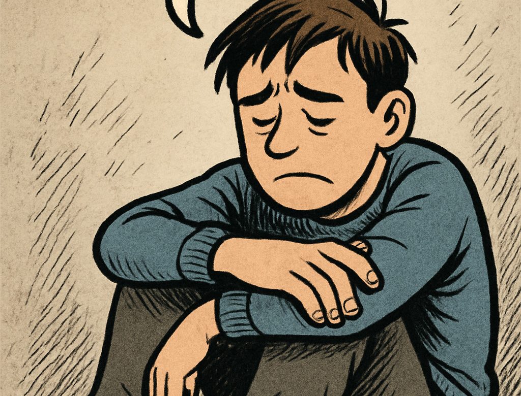 Ein trauriger Mann, der gegen die Wand gelehnt am Boden kauert. Er hat eine traurige Mimik und den Kopf über den verschränkten Arme gebeugt.