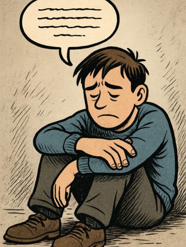 Ein trauriger Mann, der gegen die Wand gelehnt am Boden kauert. Er hat eine traurige Mimik und den Kopf über den verschränkten Arme gebeugt.