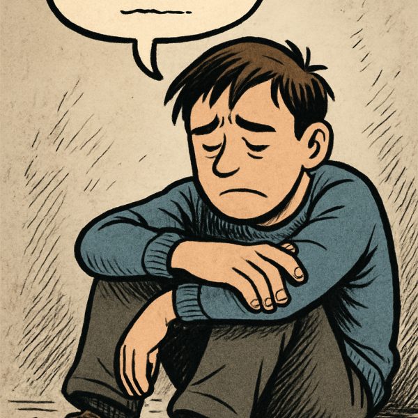 Ein trauriger Mann, der gegen die Wand gelehnt am Boden kauert. Er hat eine traurige Mimik und den Kopf über den verschränkten Arme gebeugt.