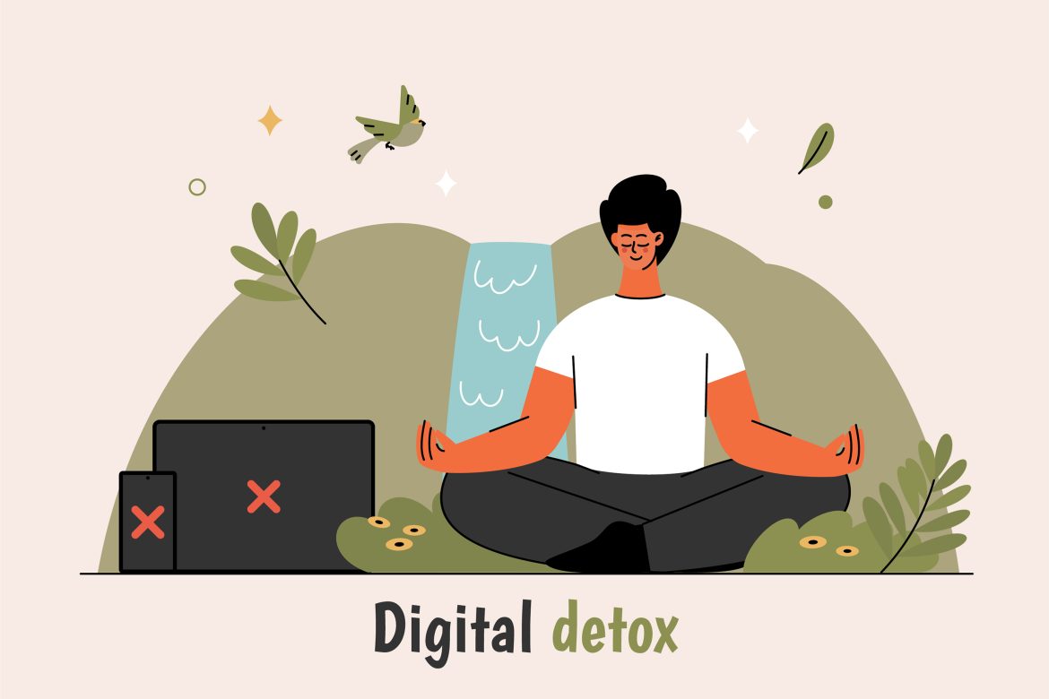 Eine Grafik in Pastelltönen, die eine Person im Yoga-Sitz meditierend zeigt.