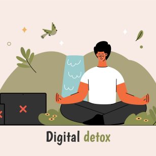 Eine Grafik in Pastelltönen, die eine Person im Yoga-Sitz meditierend zeigt.